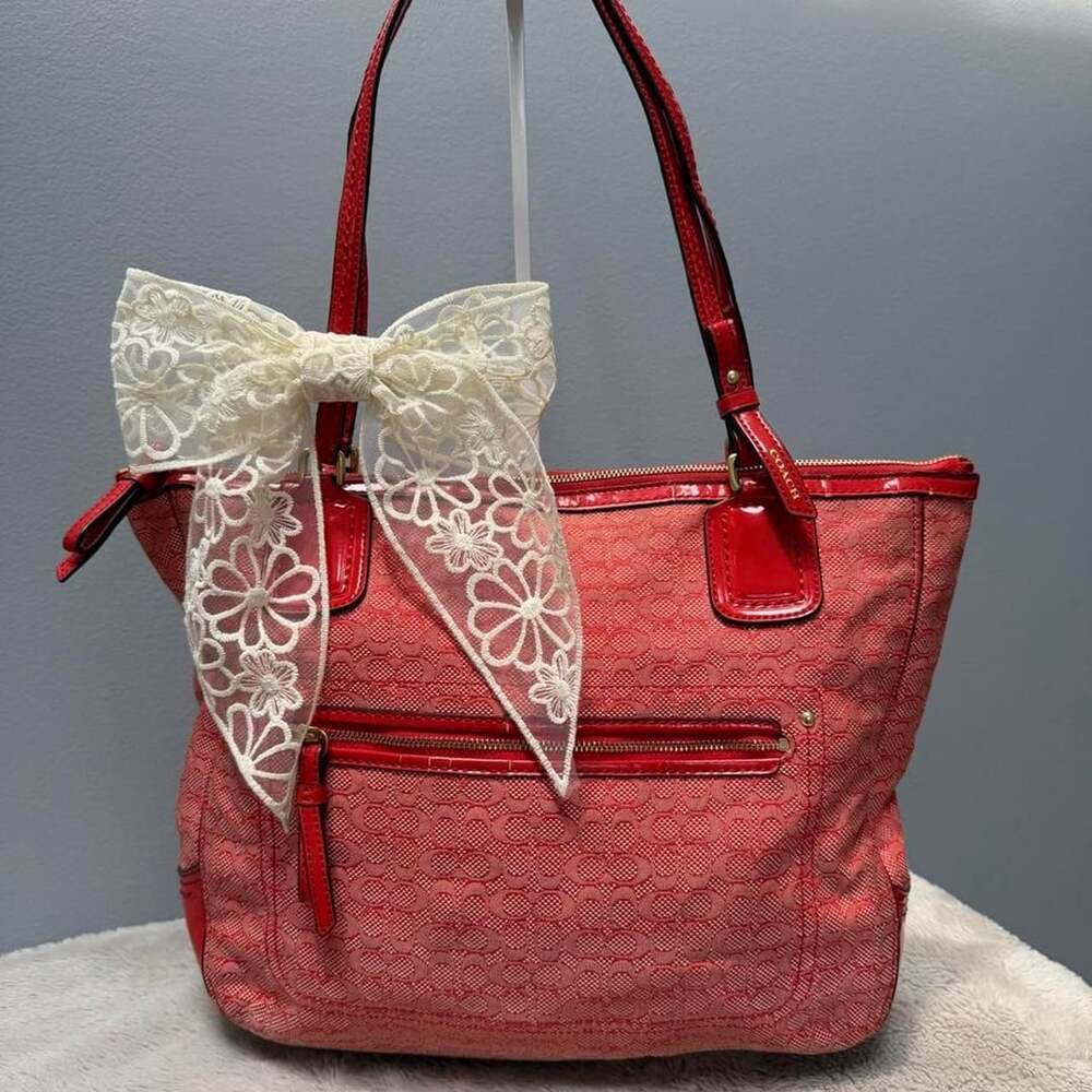 Coach poppy Red Signature C Jacquard Patent Trim Tote Bag 25051